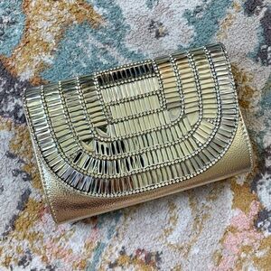 Starlet Gold Evening Clutch Embellished Crystals Chain Champagne Wedding USED
